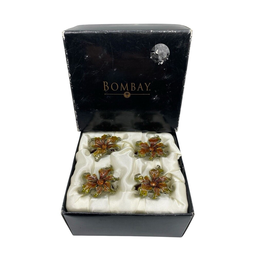 VTG Bombay Gold Tone Enamel Flower Napkin Rings Amber Scalloped Petals Set of 4